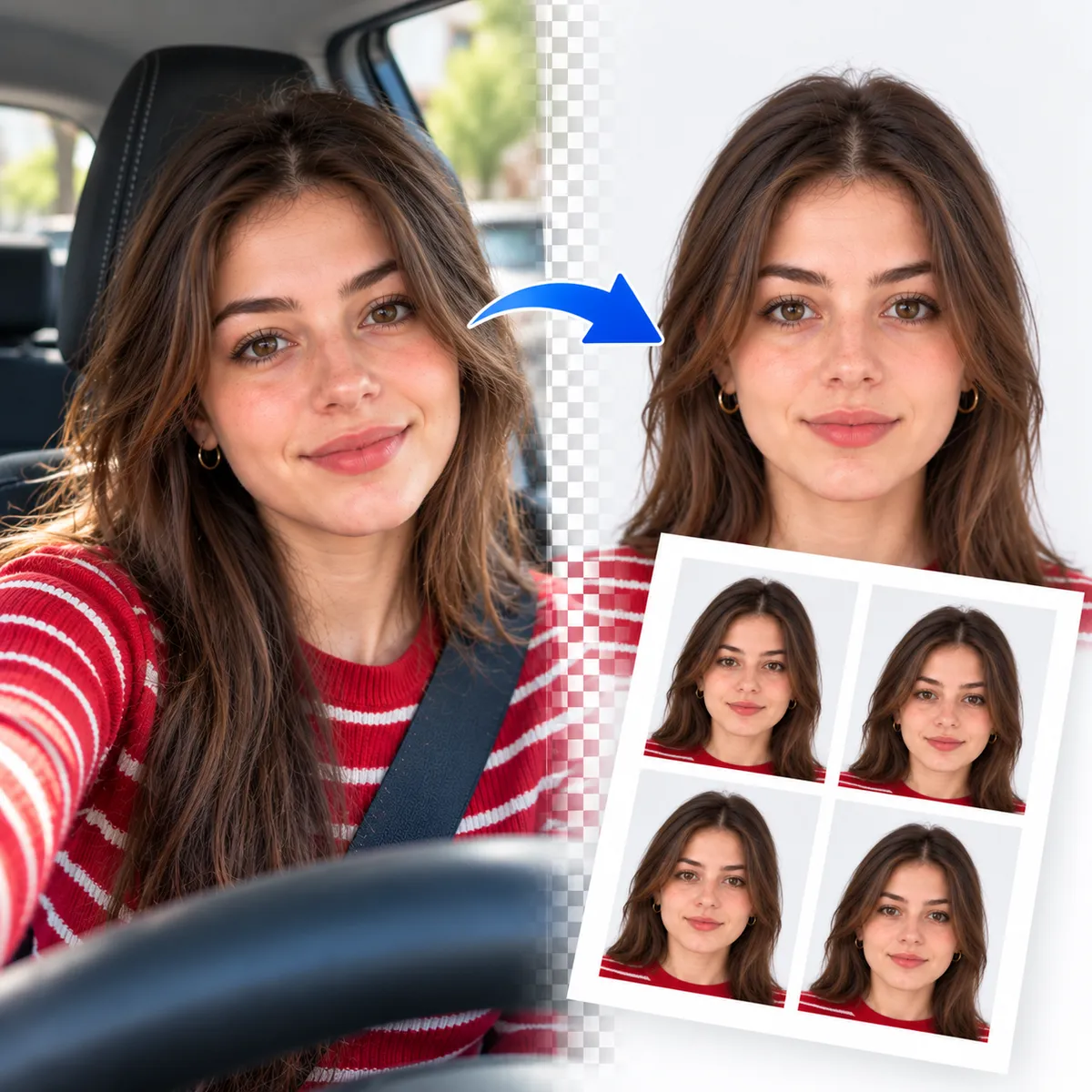 A selfie taken in a car turned into a driving licence photo on a plain background, with a printed sheet