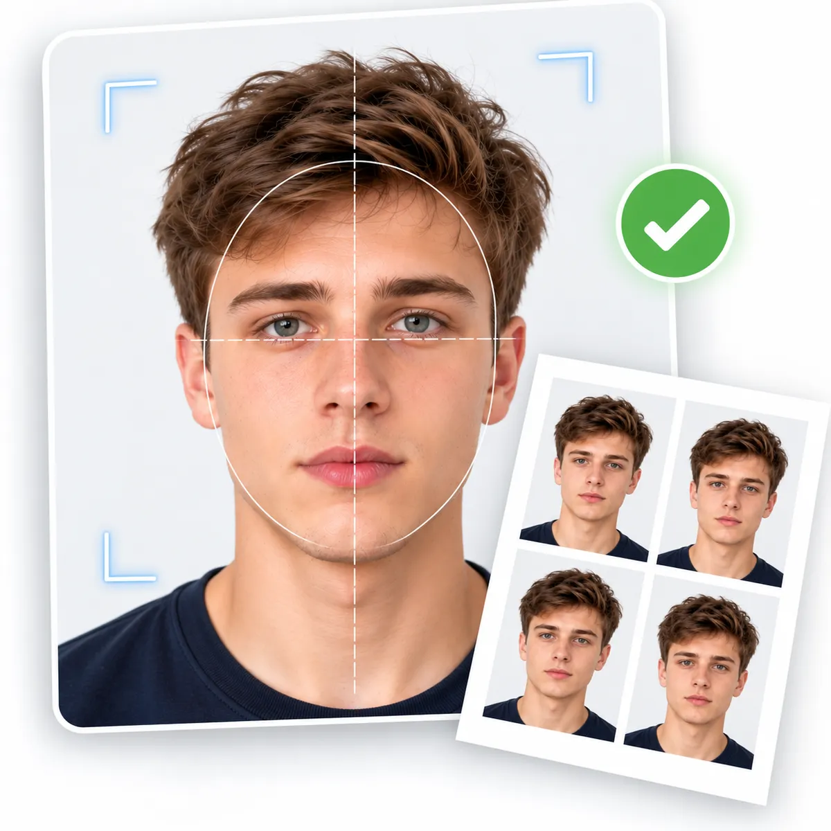 A man's photo with a face-position guide overlaid, beside a printed sheet of four passport photos
