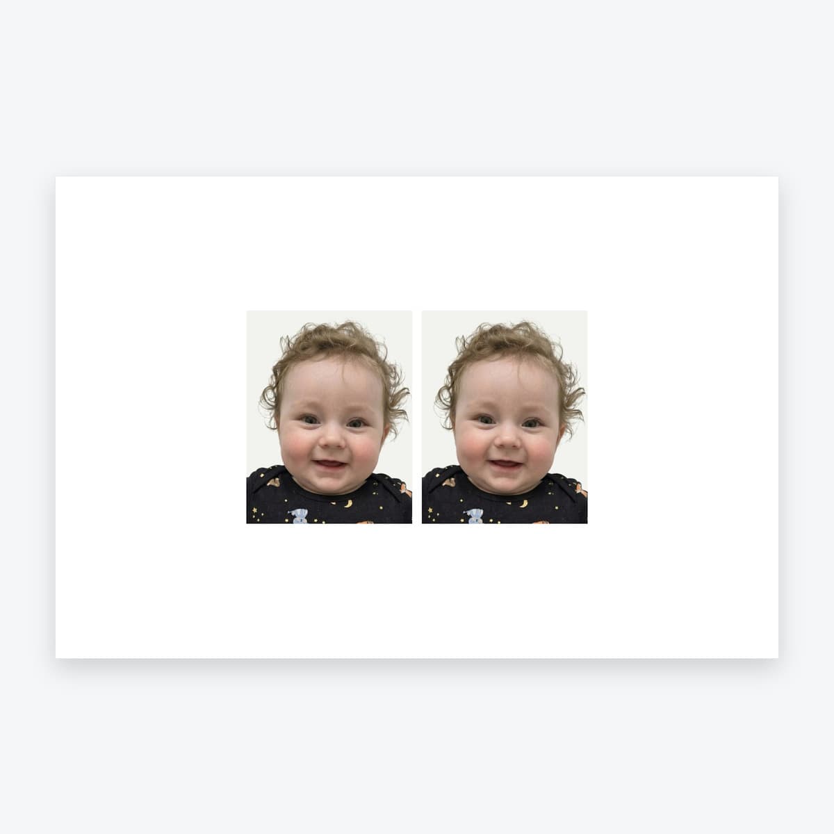 2 personalised UK child passport photo prints on a single 6 × 4 inch sheet of photographic paper