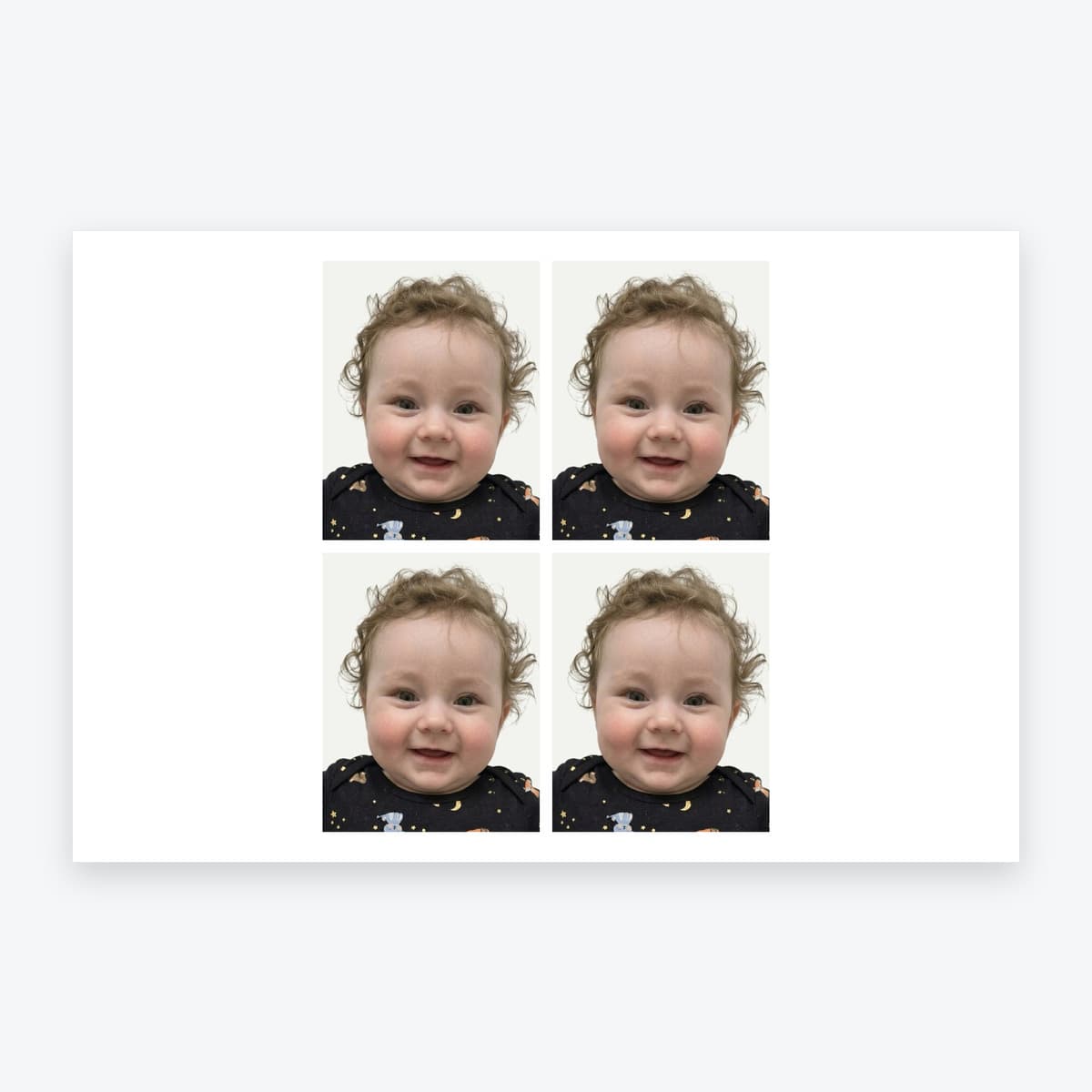 4 personalised UK child passport photo prints on a single 6 × 4 inch sheet of photographic paper