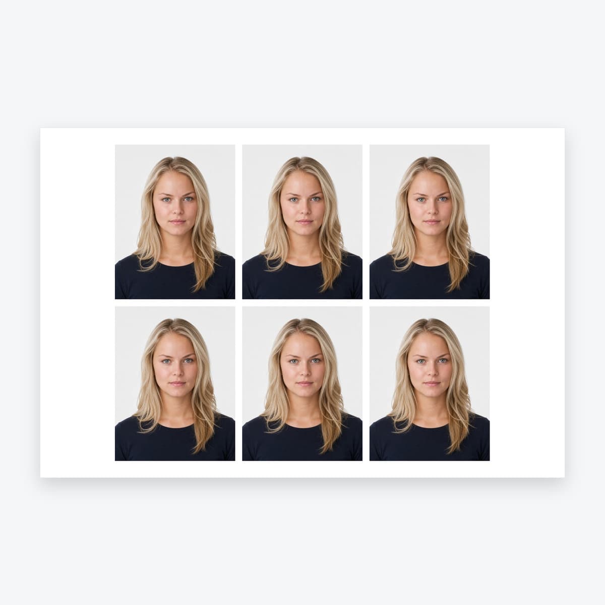 6 personalised UK driving licence photo prints on a single 6 × 4 inch sheet of photographic paper