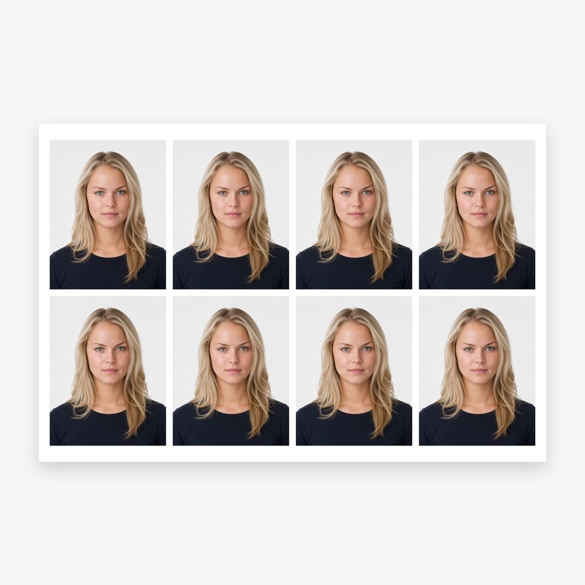 8 personalised UK passport photo prints on a single 6 × 4 inch sheet of photographic paper